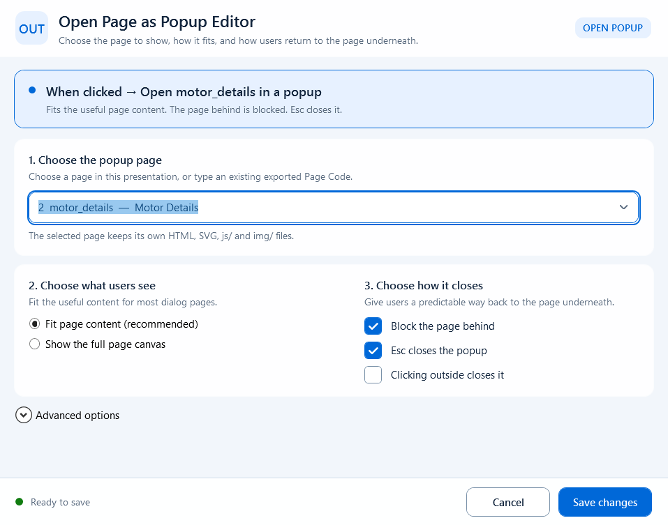 Open Page as Popup 行为编辑器
