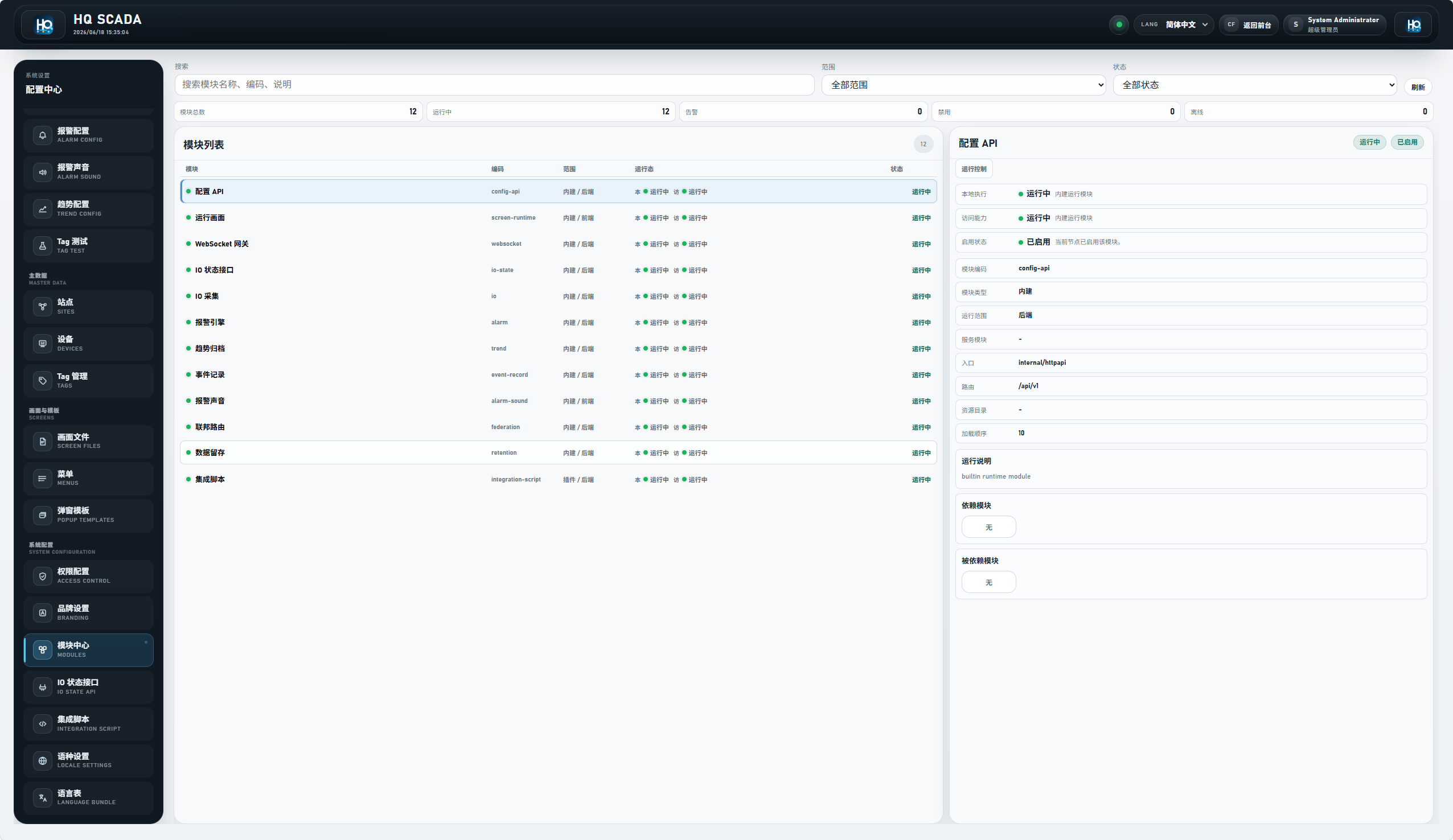 HQControl 模块中心页面