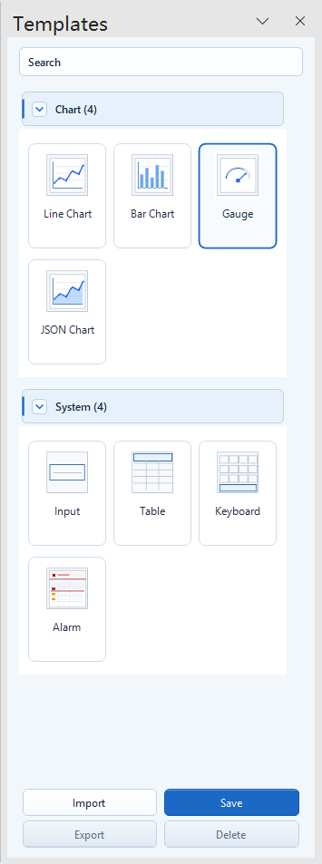 Templates 面板中的 Line Chart、Bar Chart、Gauge、JSON Chart